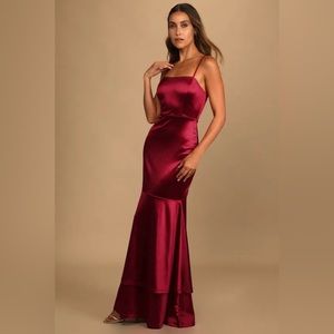 Contemporary Romance Red Satin Tiered Mermaid Maxi Dress